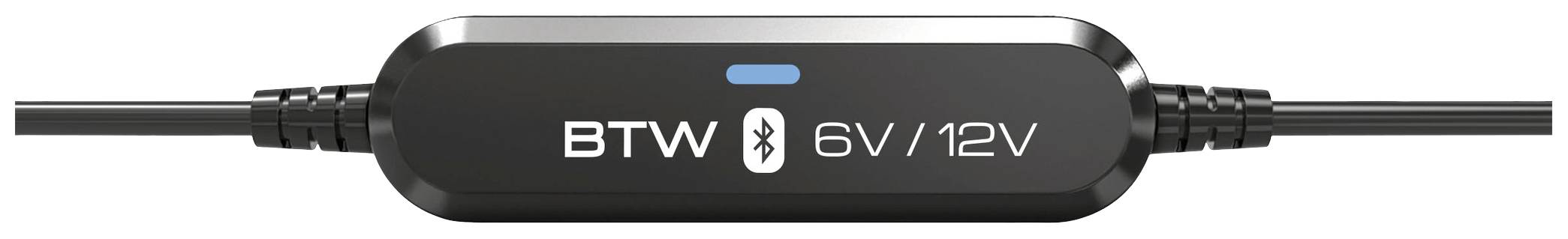 Svart, rektangulär Bluetooth-adapter med en blå LED-indikator. Påskrift: 'BT W 6V/12V'.