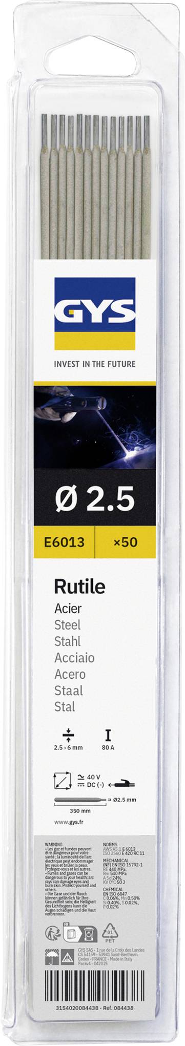 Paket med GYS svetstrådar, storlek Ø 2,5, märkt E6013 x50 och "Rutile" för stål.