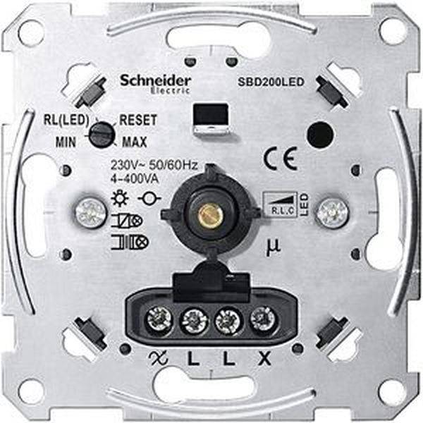 En dimmer från Schneider Electric med justerbar spänning (230V, 50/60Hz) och maximalt 400VA. Innehåller reset- och RL(LED)-omkopplare.