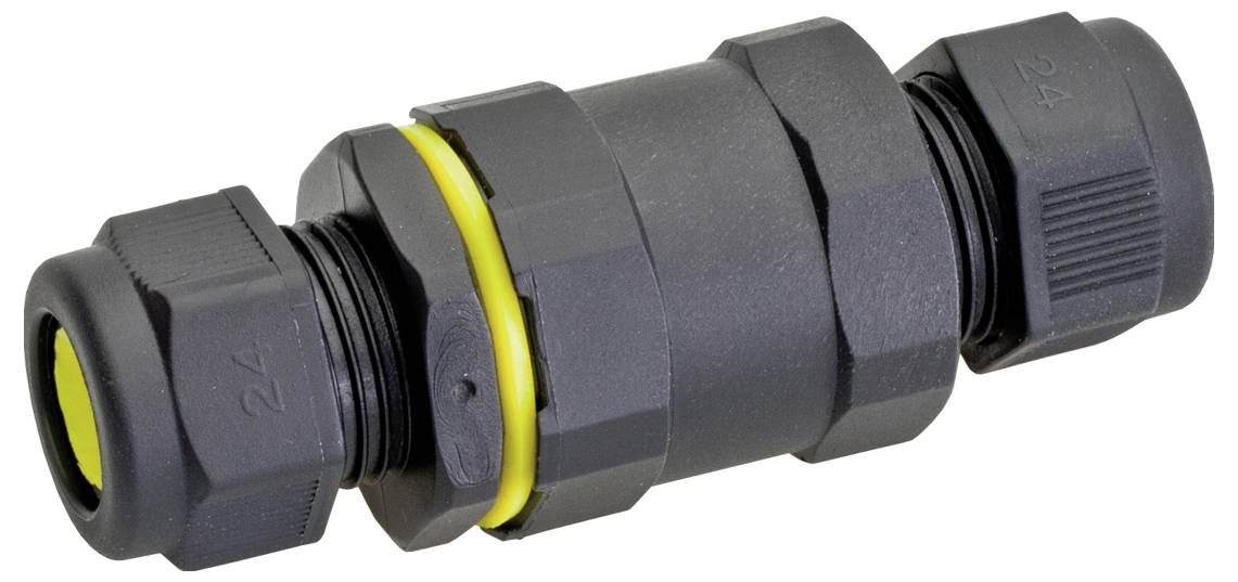 Svart plastisk kabelgenomföring med gul tätningsring, visad på vit bakgrund.