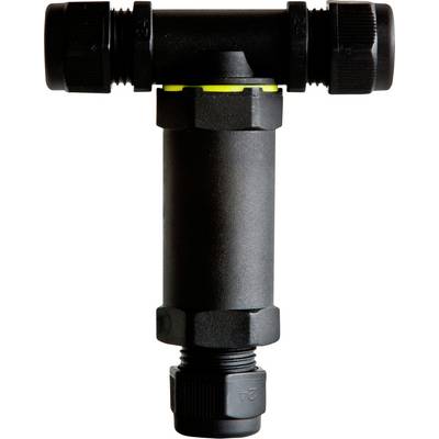 Svart inline cylindrisk rörförbiunding med gängade ändar och en T-formad topparmatur.