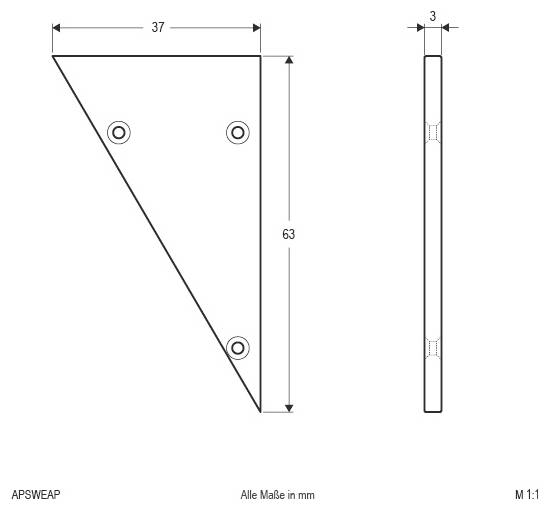 Teknisk ritning av en triangulär bärhållare med tre hål, märkta dimensioner 37 mm bred, 63 mm hög och 3 mm tjock.
