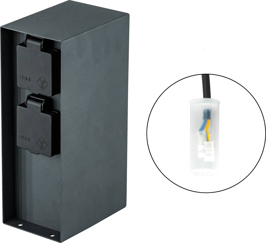 Svart utomhus-elbox med två skyddade IP44-uttag, plus en cirkulär insats som visar intern elledning inuti en transparent kontakt.