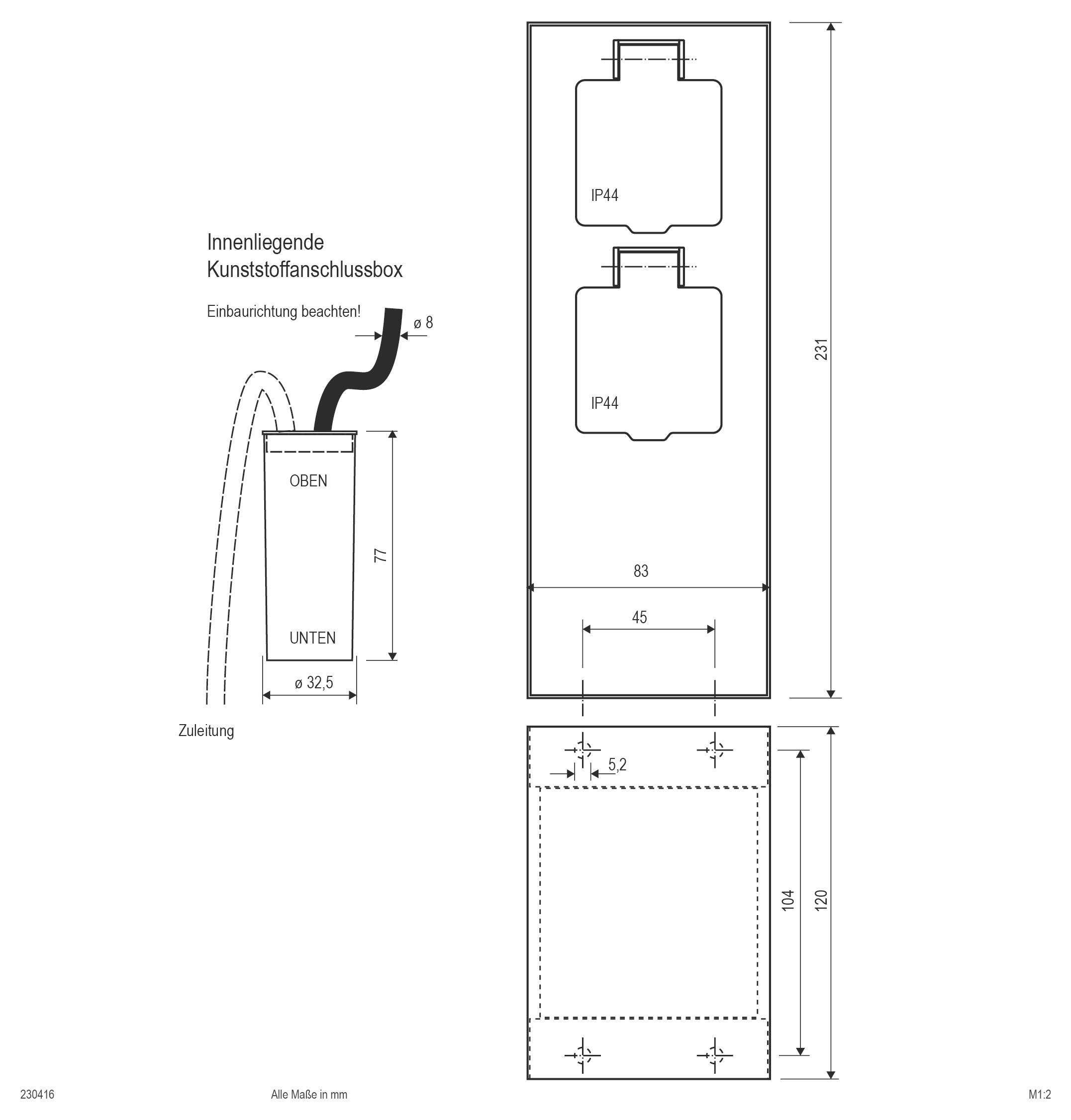 Teknisk ritning av väggmonterad kapsling som visar dimensioner i mm, kabelinmatning, två IP44-fack och monteringshålspositioner.