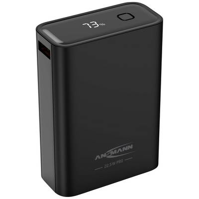 Svart powerbank med en digital display som visar '73%'. Märket 'ANSMANN' och modellen '22.5 W PRO' är tryckt på enheten.