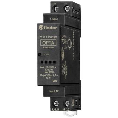 Svart 'Finder' nätadapter, modell 78.12.1.230.2482. Ingång: 110-240V AC, 0,23A. Utgång: 24V DC, 0,5A. Monteringsmöjlighet synlig.