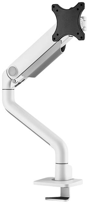 En justerbar monitorarm i silver för montering på ett skrivbord. Ökar flexibiliteten och ergonomin på arbetsplatsen.