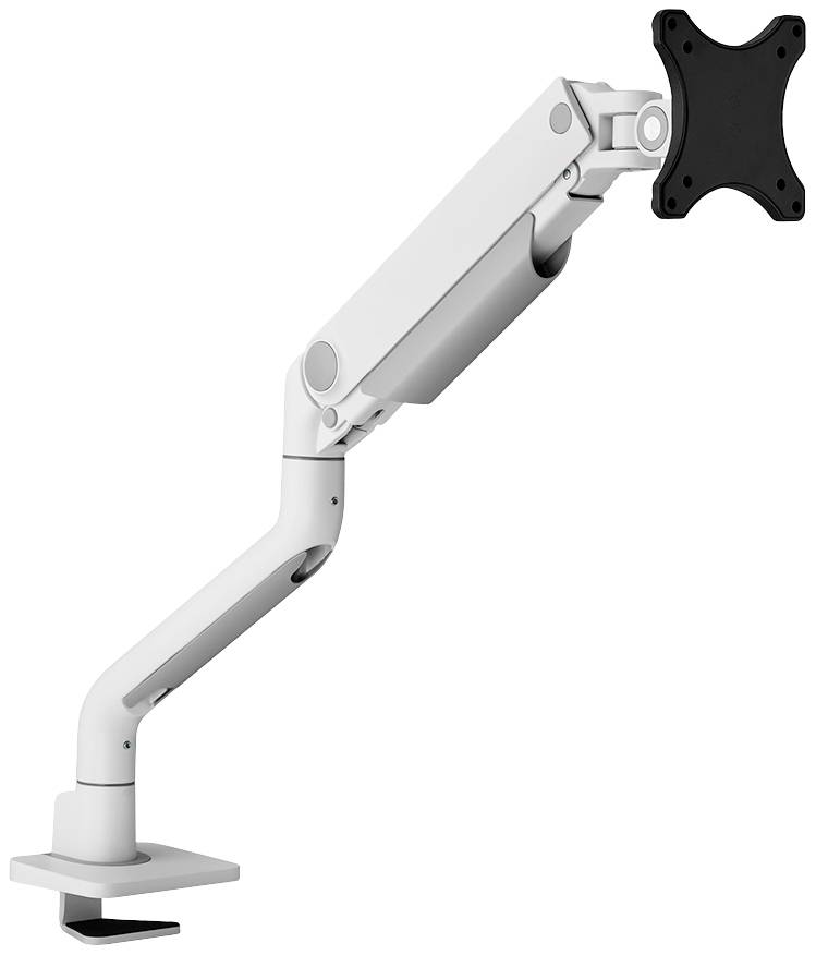 En vit, justerbar monitorarm med svart fäste, lämplig för montering av en datorskärm på ett skrivbord.
