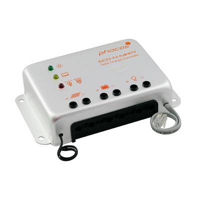 En rektangulär solregulator märkt med 'phocos' och 'ECO-N-MPPT Solar Charge Controller'. Den har LED-indikatorer och anslutningskontakter.