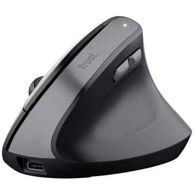 Vertikal ergonomisk datormus i svart med trådlös design, utvecklad för bättre komfort och förebyggande av handtrötthet.