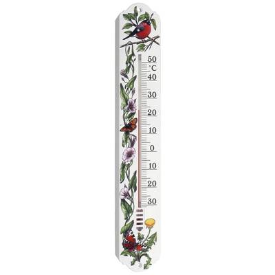En dekorativ termometer visar temperaturer från -20°C till 50°C. Färgglada blommor och fjärilar pryder designen.