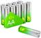 Tio AA-batterier av märket GP Super G-Tech med grön och gul design, visade i en presentation.