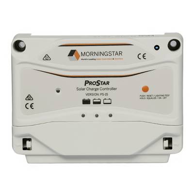 En solcellsladdregulator med texten 'ProStar Solar Charge Controller'. Innehåller CE-märkning och en orangefärgad logotyp.