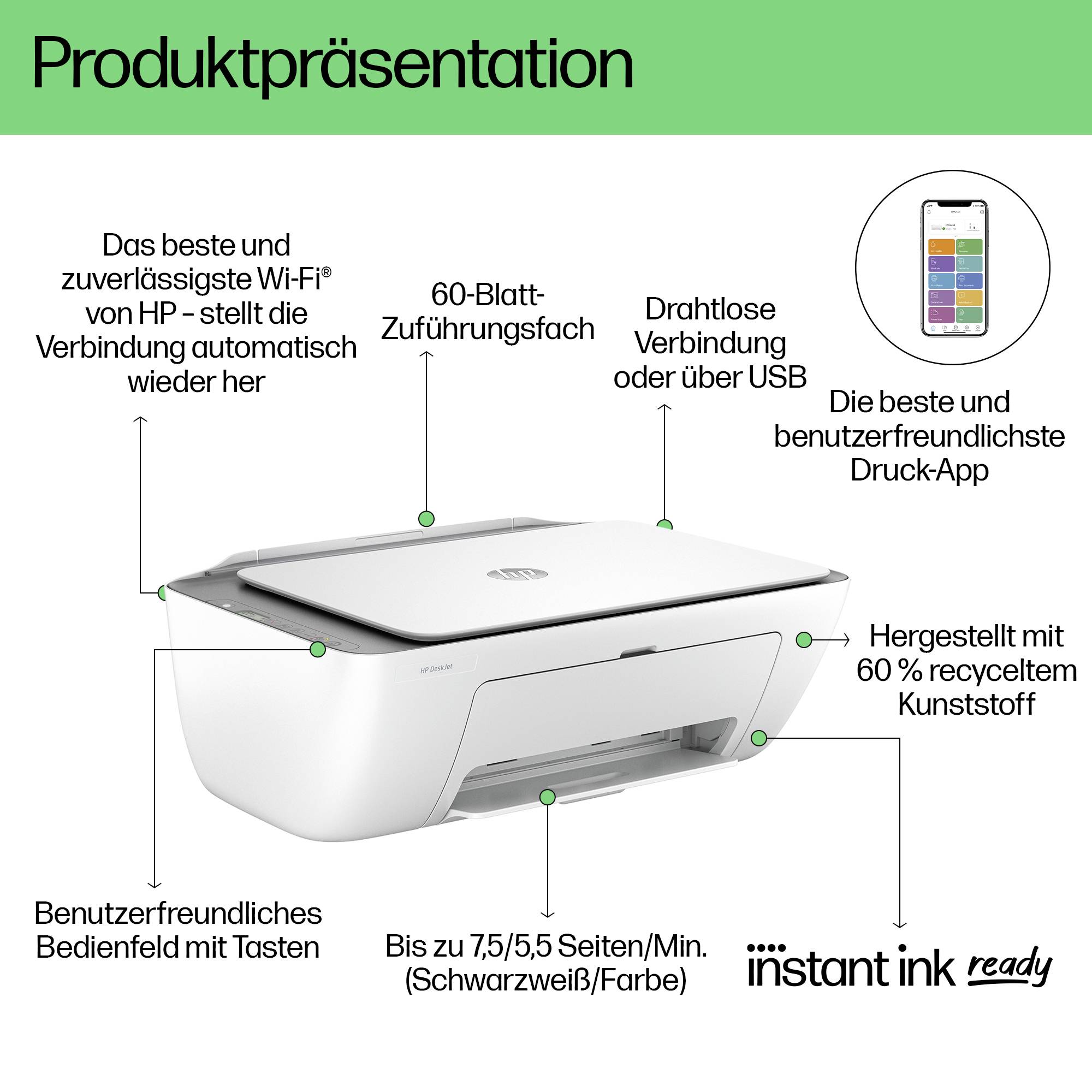 Skrivare med Wi-Fi, miljövänlig design och utskriftsapp. Funktioner: 60-bladsfack, knappstyrd, upp till 7,5 sidor/min.
