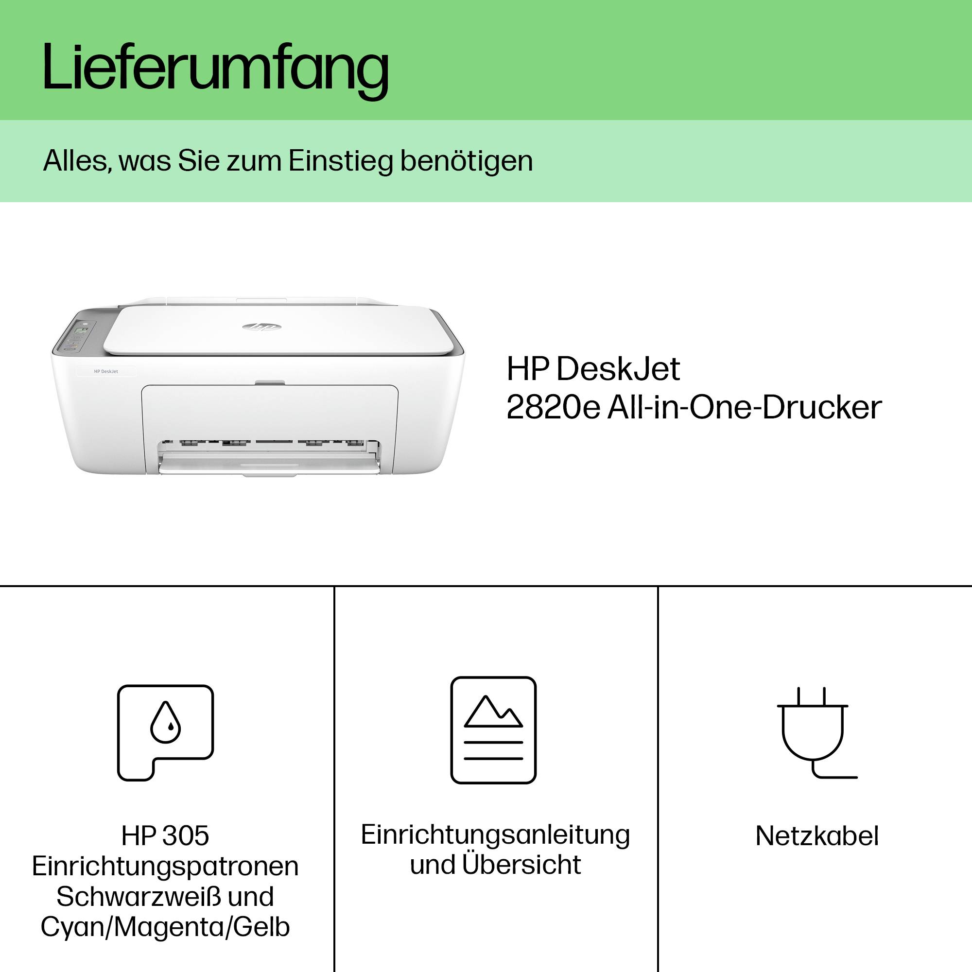 Leveransomfattning: HP DeskJet 2820e allt-i-ett-skrivare, HP 305 svart och färgbläckpatroner, nätkabel. Allt du behöver för att komma igång.