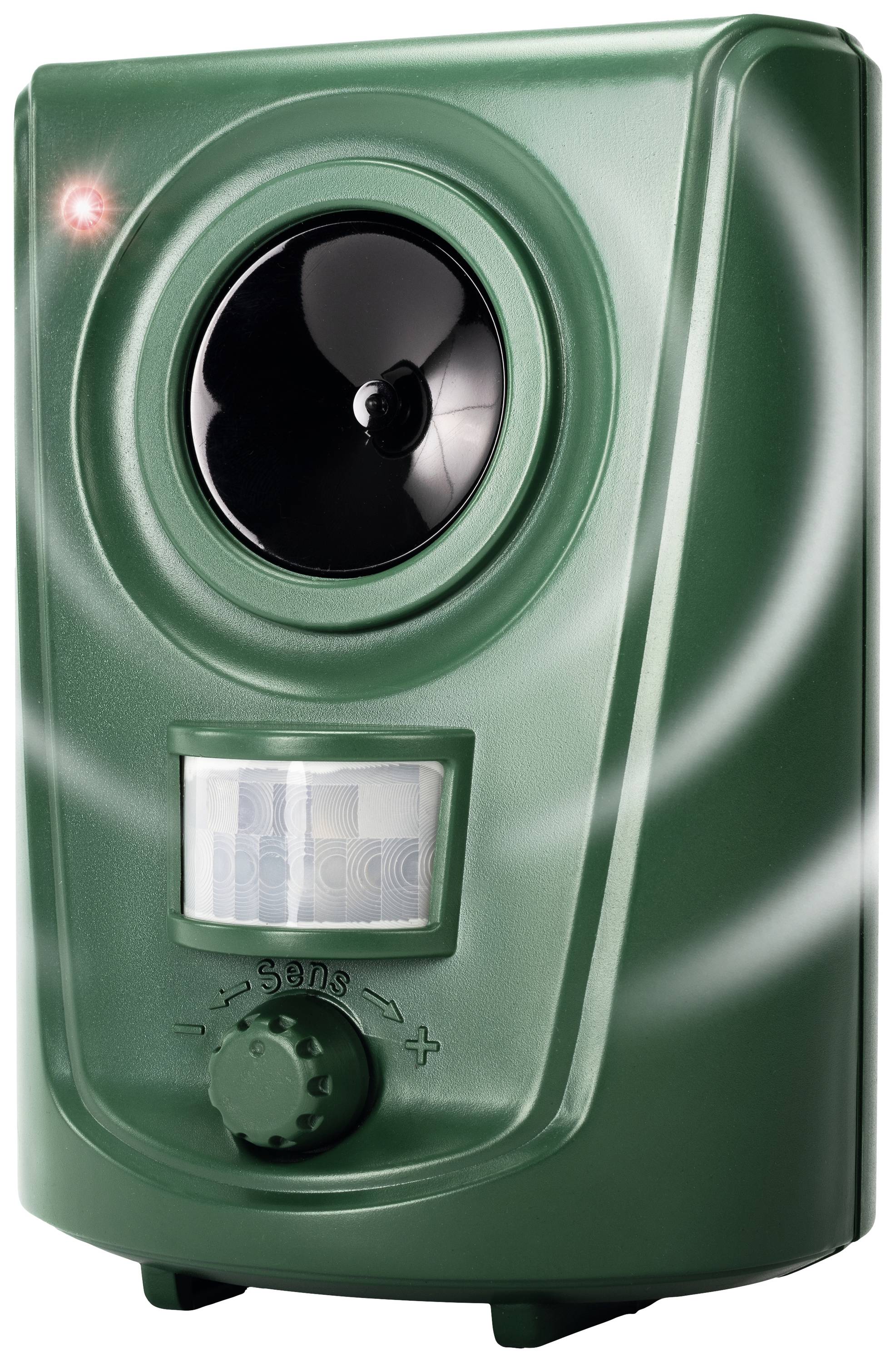 Bilden visar en grön elektronisk enhet med en sensor och en vred för justering. Ett rött ljus lyser längst upp till vänster.