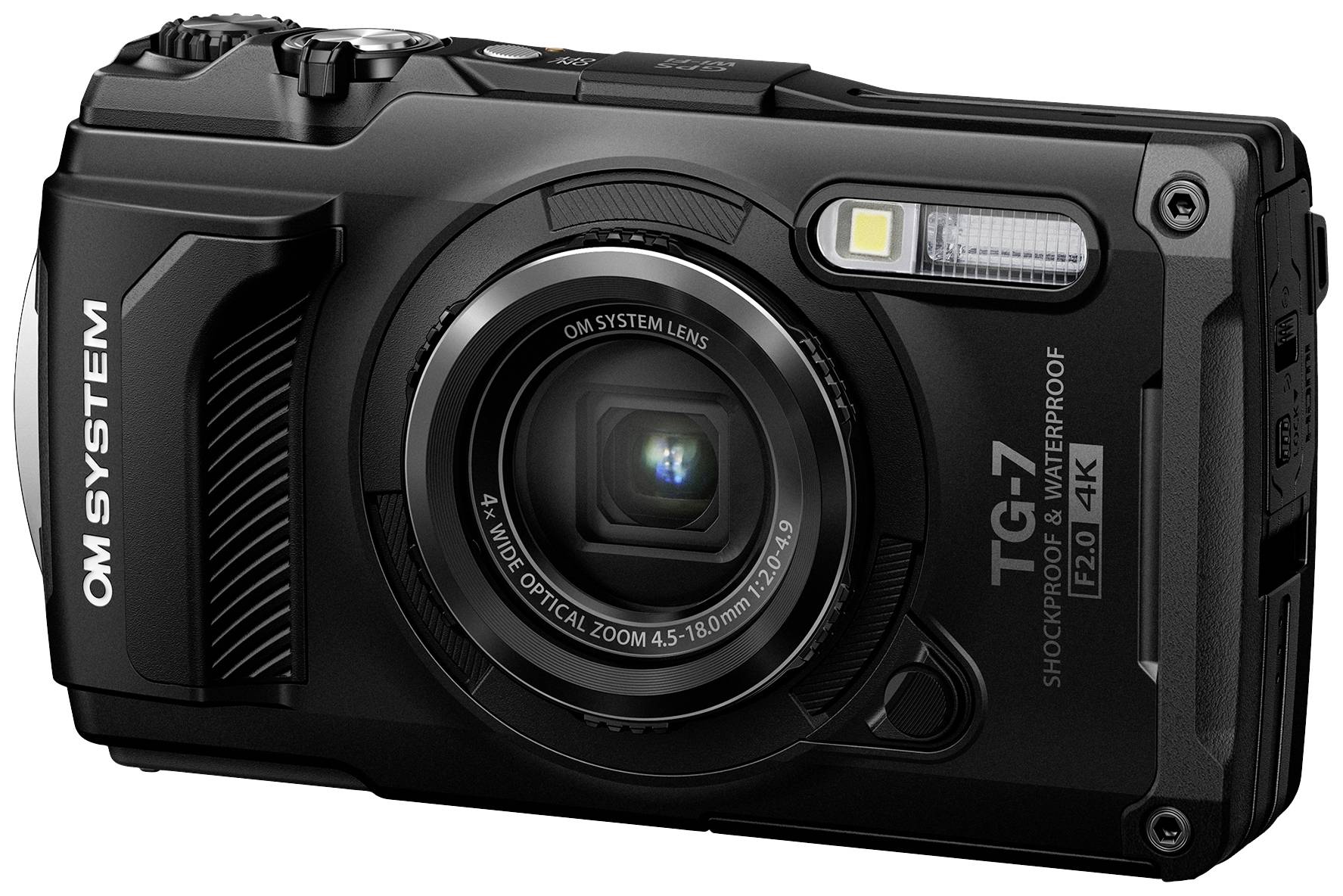 En svart digitalkamera med texten 'OM System TG-7 Shockproof & Waterproof F2.0 4K' på framsidan.