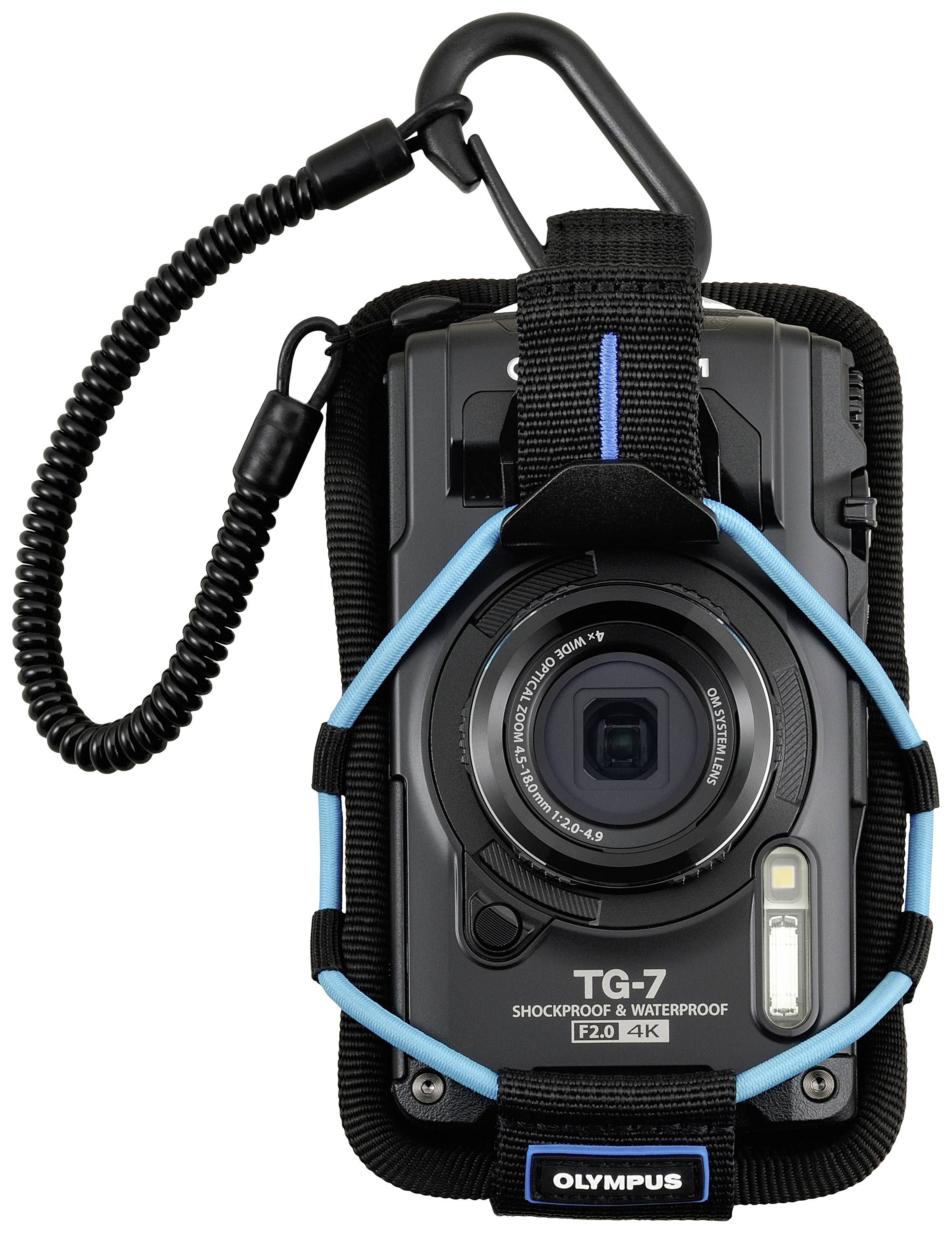 Olympus TG-7 kamera i skyddande hölje, vatten- och stöttålig, med 4K-video och F2.0-objektiv, perfekt för utomhusäventyr.