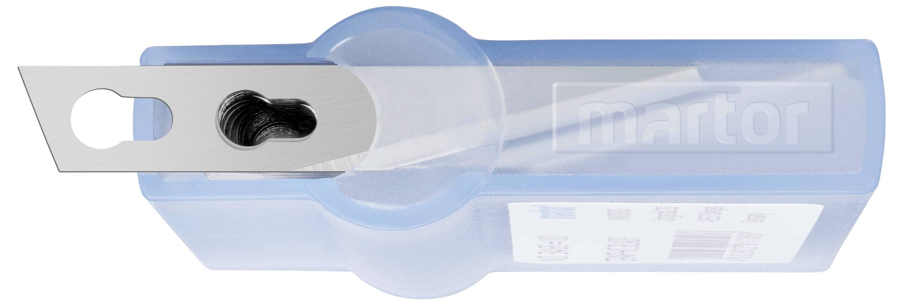 En ljusblå behållare med ett metallblad på ovansidan. I bakgrunden syns en vit logotyp eller text.