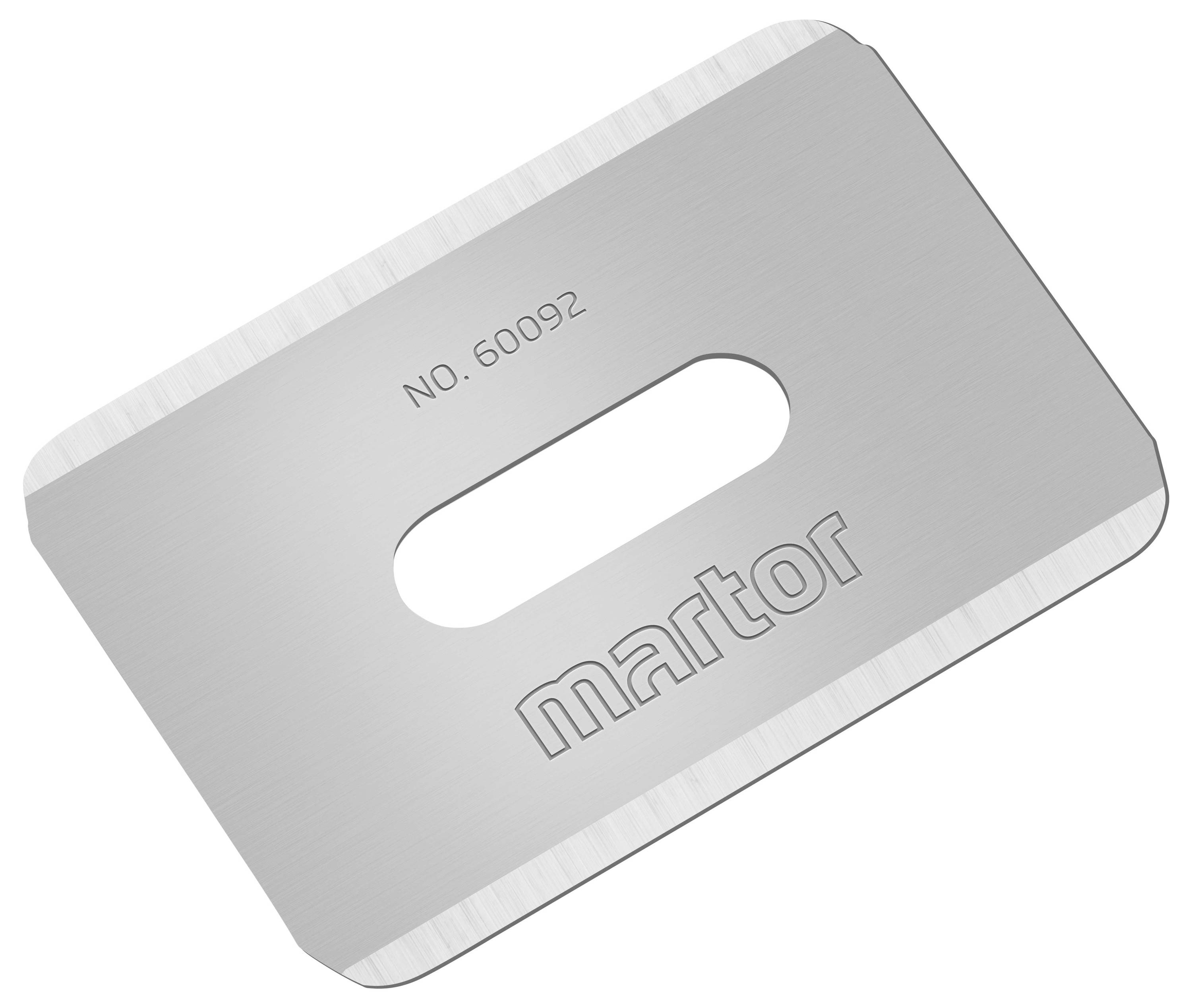 Metallklinga med inskriften 'martor' och numret '60092', avrundade hörn och ett centrerat口口.