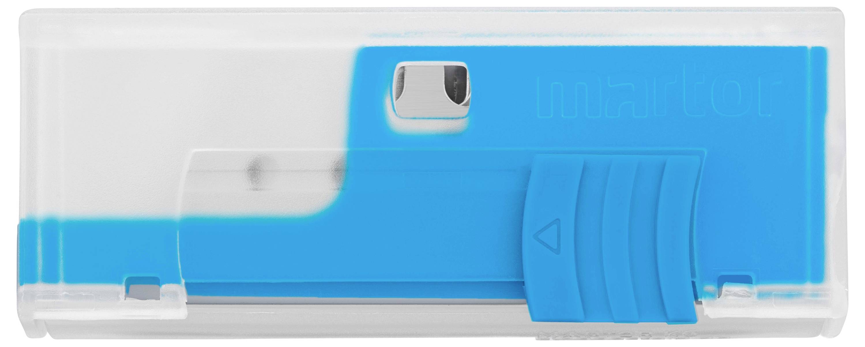 En blå plastpennvässare med genomskinligt hölje och metallblad, perfekt för blyertspennor i olika storlekar.