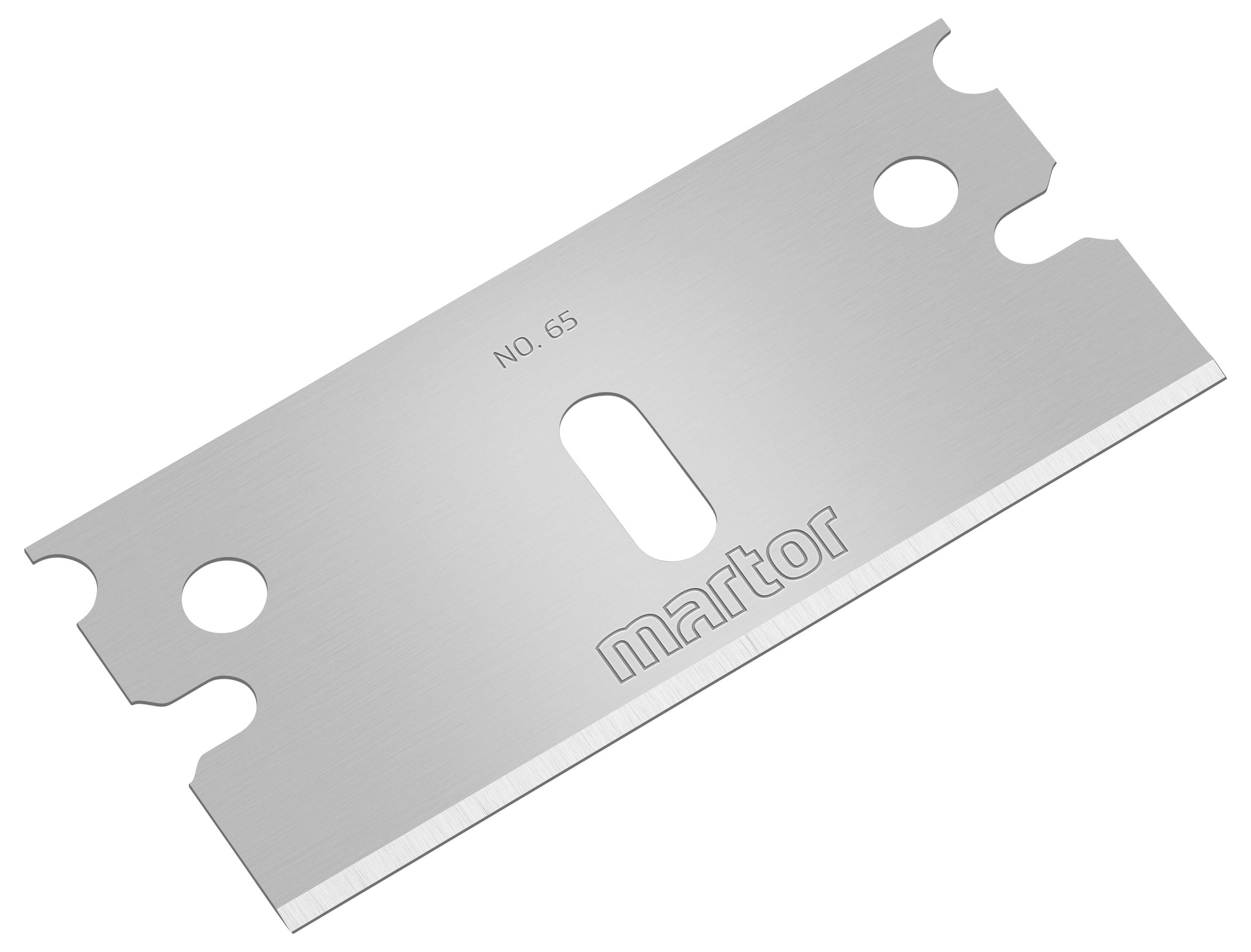 Ett silverfärgat rakbladslikt reservdel från märket Martor med texten 'No. 65'.
