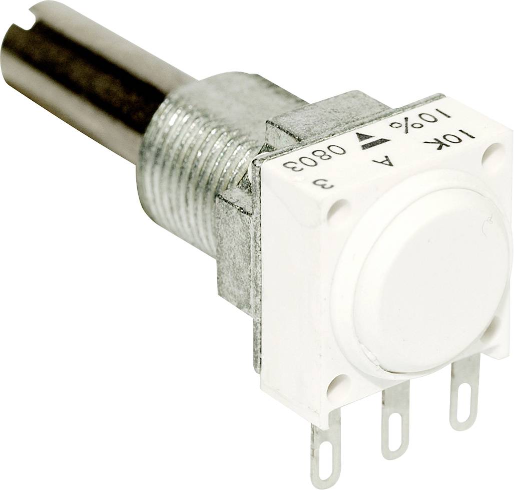 Vridpotentiometer med märkning '10K A 0803', tre stift och en axel av metall, för styrning av elektriska signaler.