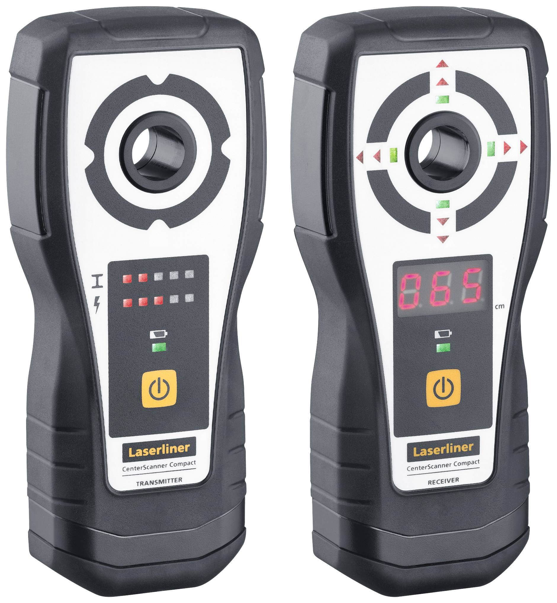 Två enheter för lokalisering i väggar. Till vänster: Sändare med manövreringsknapp och LED-lampor. Till höger: Mottagare med display och måttvisning.