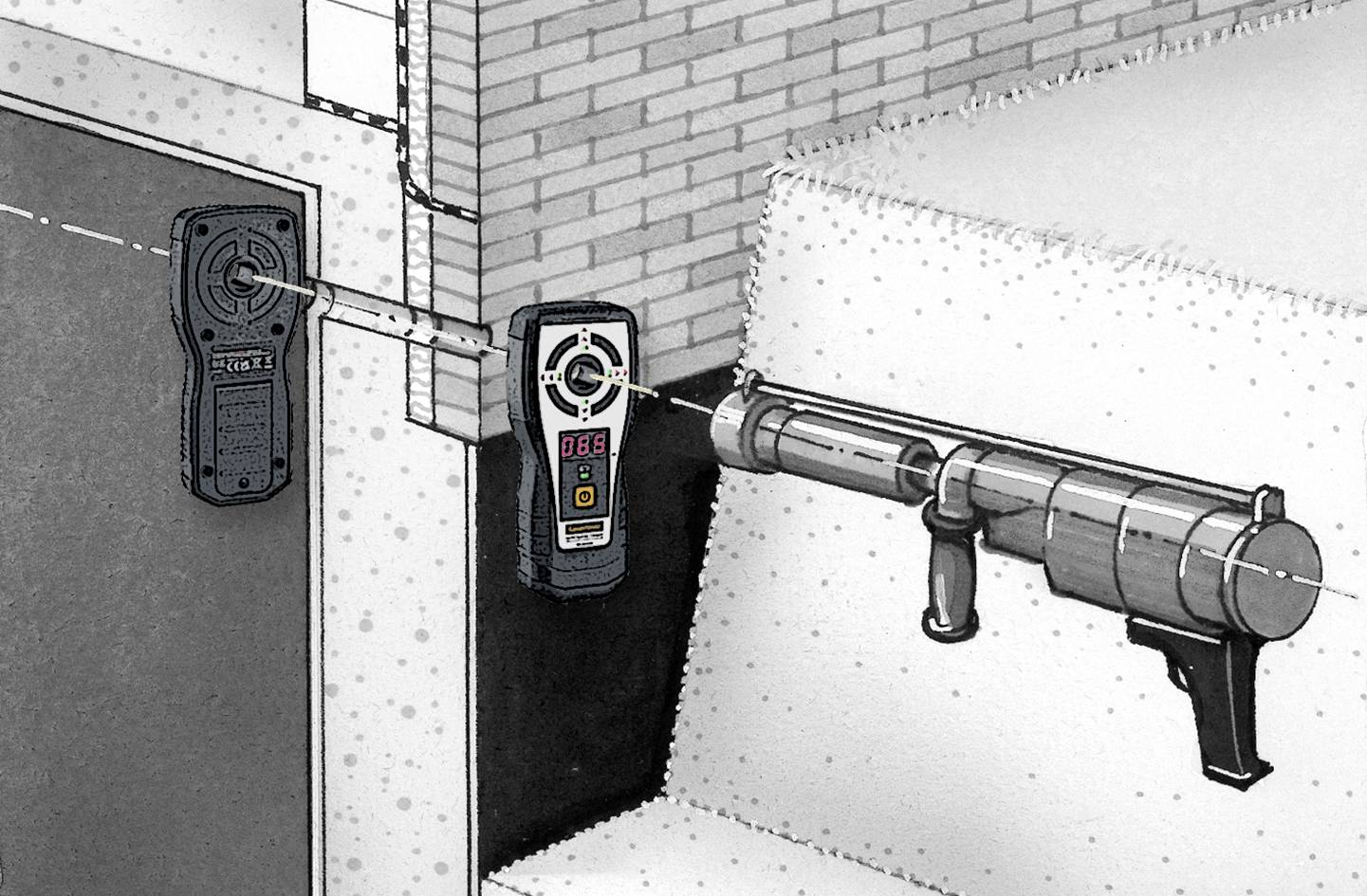 Ett mätinstrument visar 085 medan ett rör är monterat på en vägg. Scenario för mätning av rörväggens tjocklek.