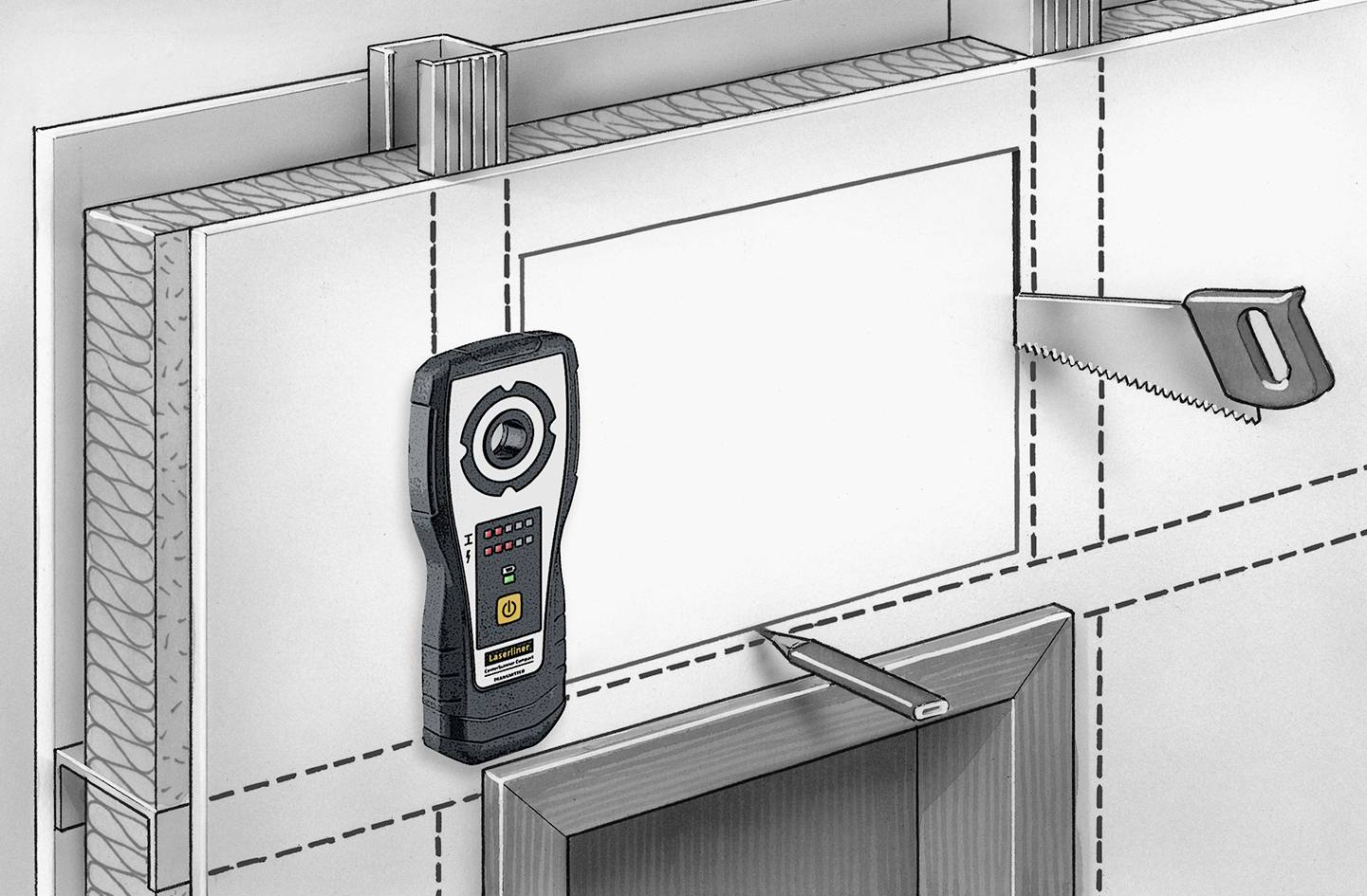 En detektor används för att hitta en ledning eller ett föremål i en vägg. En såg skär ett rektangulärt hål i väggen.