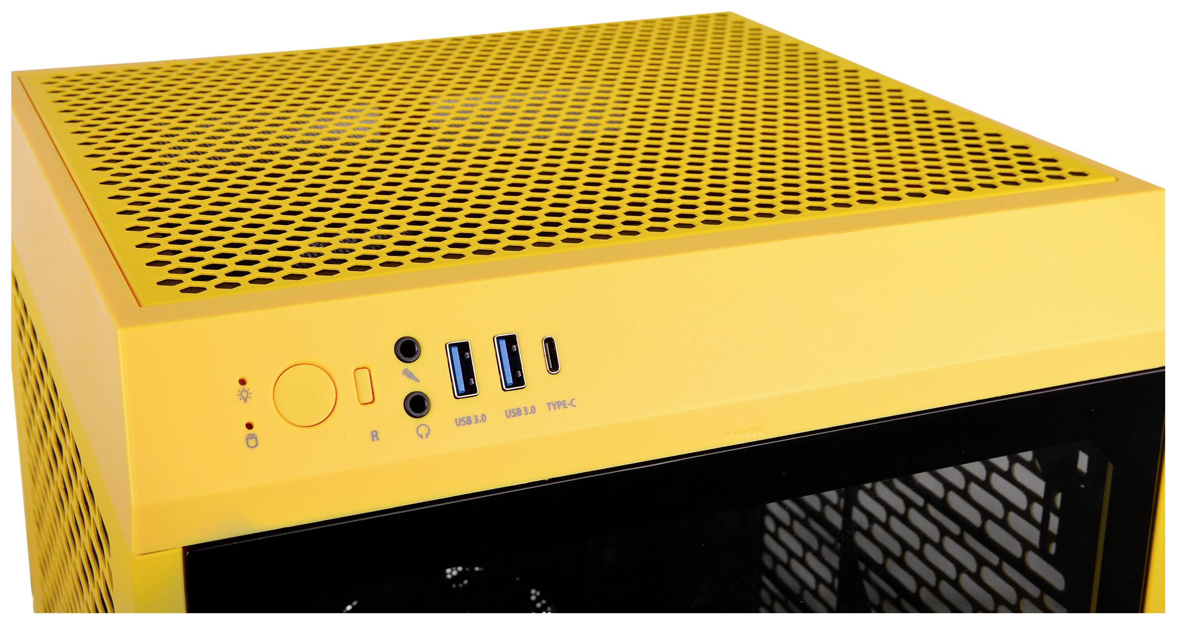 Gult datorhölje med ventilationshål, USB-portar, ljudanslutningar och strömknapp på framsidan.