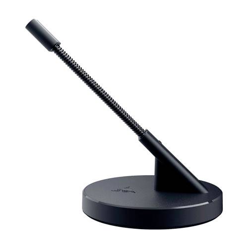 En svart, flexibel mikrofonarm på rund bas, lämplig för gaming eller onlinekommunikation.