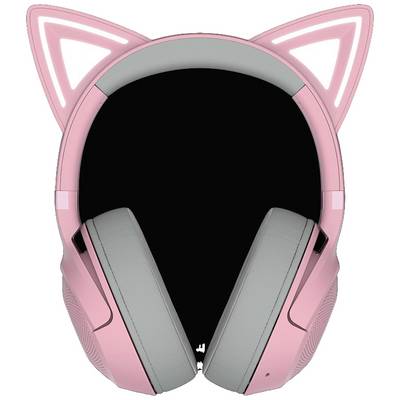 Rosa, kattformade hörlurar med lysande LED-öron, mot en svart bakgrund.