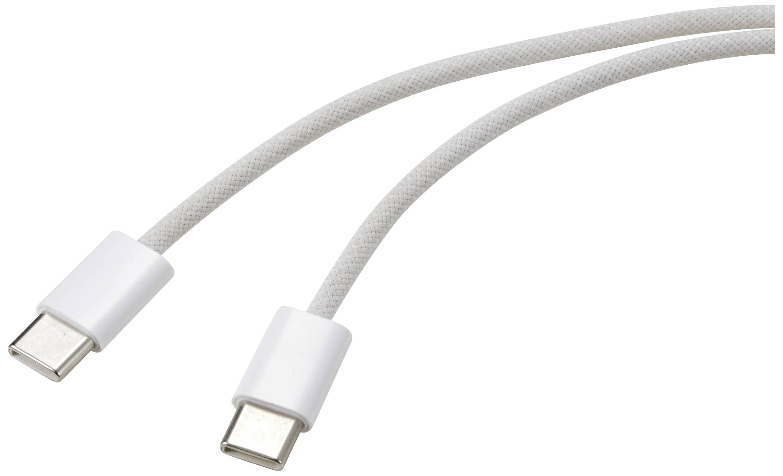 Två vita, flätade USB-C-kablar med metalliska kontakter som löper parallellt.