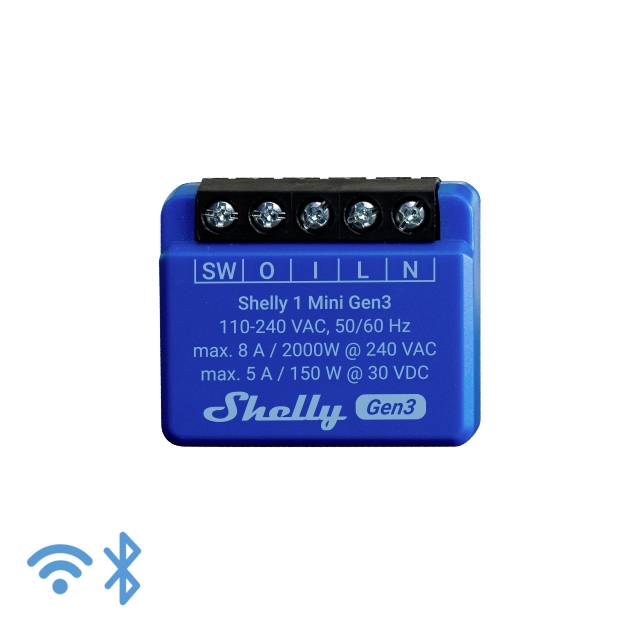 En blå, rektangulär enhet med texten 'Shelly 1 Mini Gen3', stöder 110-240 VAC, 50/60 Hz, 8A/2000W. Nere till vänster Wi-Fi- och Bluetooth-symboler.