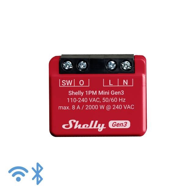 Liten röd elektrisk kopplingsbox märkt "Shelly Gen3". Lämpad för 110-240 VAC, 50/60 Hz, max. 8 A / 2000 W. WiFi- och Bluetooth-symboler nedanför.