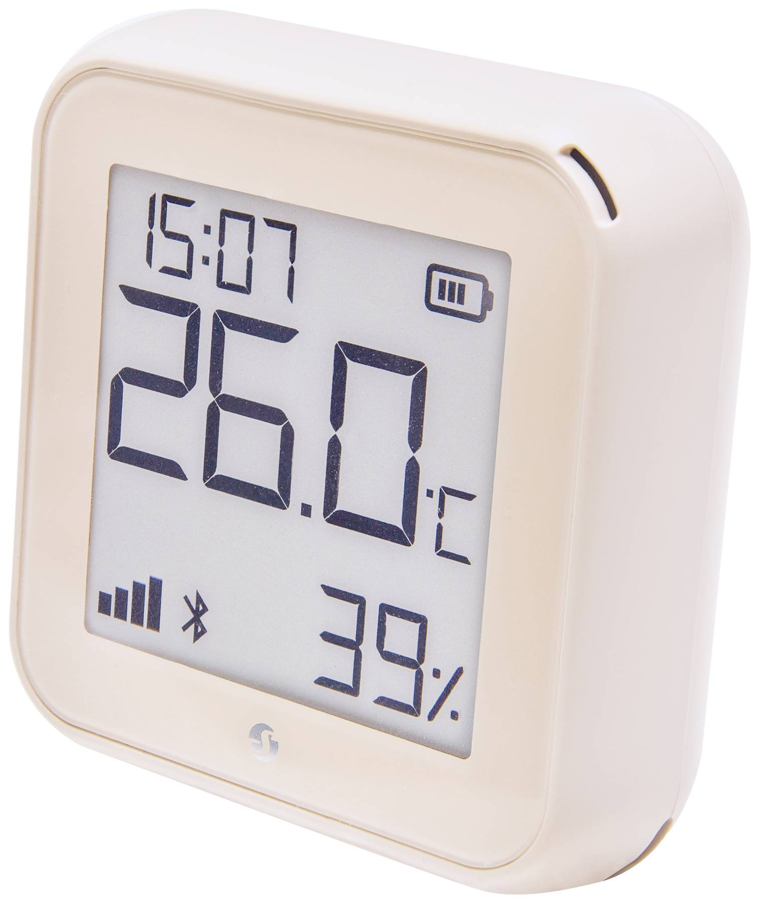 Digitalt termometer visar 26,0°C, 39% luftfuktighet, Bluetooth-symbol. Tid: 15:07, svag batterinivå.