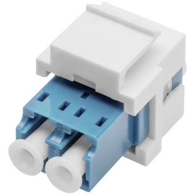 En blå-vit LC-duplex-kontakt för fiberoptiska kablar, lämplig för användning i patchpaneler eller nätverksuttag.