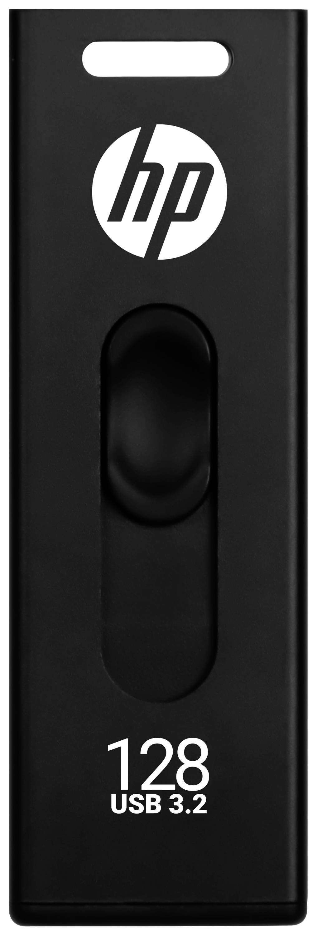 En svart USB-sticka med 'hp'-logotyp, 128 GB kapacitet och USB 3.2-gränssnitt.
