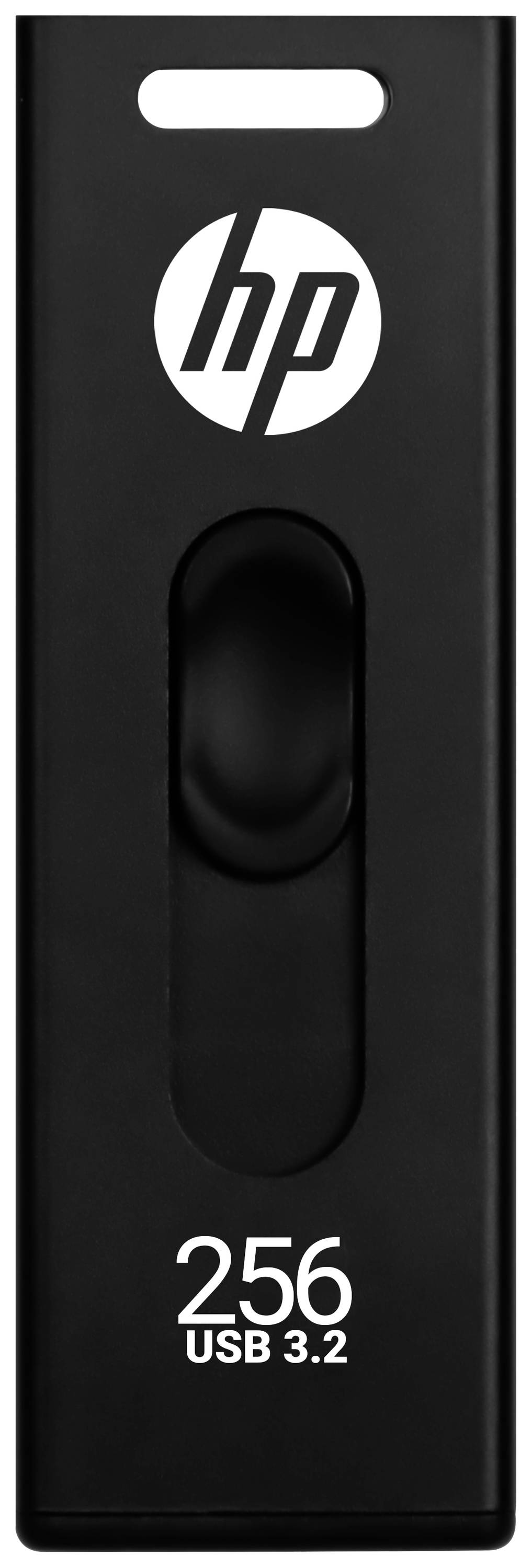 USB-sticka, 256 GB kapacitet, USB 3.2, svart design, HP-logotyp ovanpå.