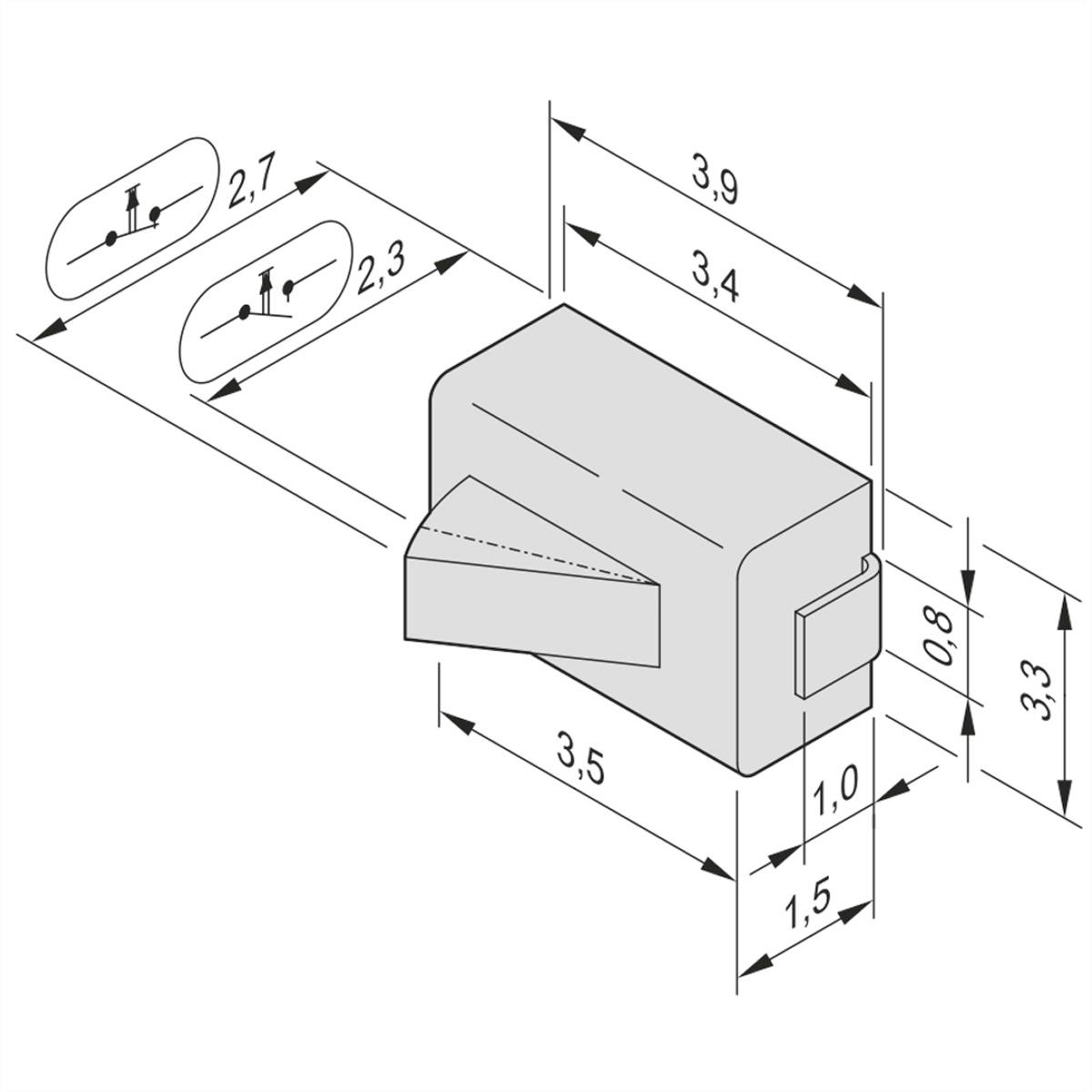Teknisk ritning av en rektangulär komponent med en utskjutande fläns, dimensioner i millimeter: 3,9 x 3,4 x 0,8 x 3,3.