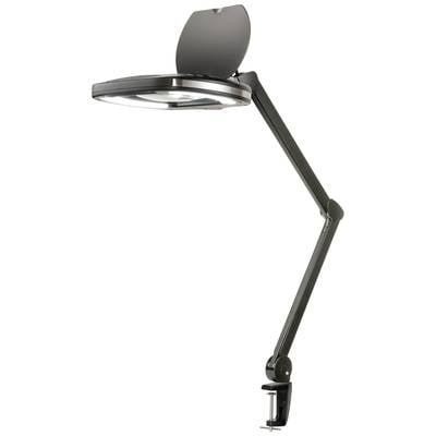 En svart bordslampa med justerbar arm och en förstoringslins som är fäst vid bordskanten. Perfekt för precisionsarbeten.