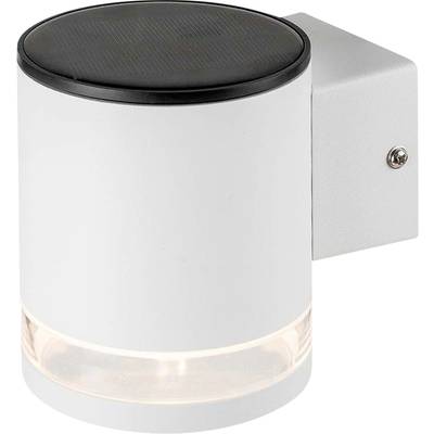 Vit, cylinderformad vägglampa med solcell ovanpå och transparent nederdel. Designad för utomhusbruk.