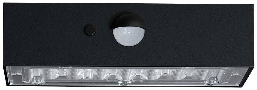 Svart utomhuslampa med rörelsesensor upptill och flera LED-lampor nedtill, lämplig för väggmontering och belysning.