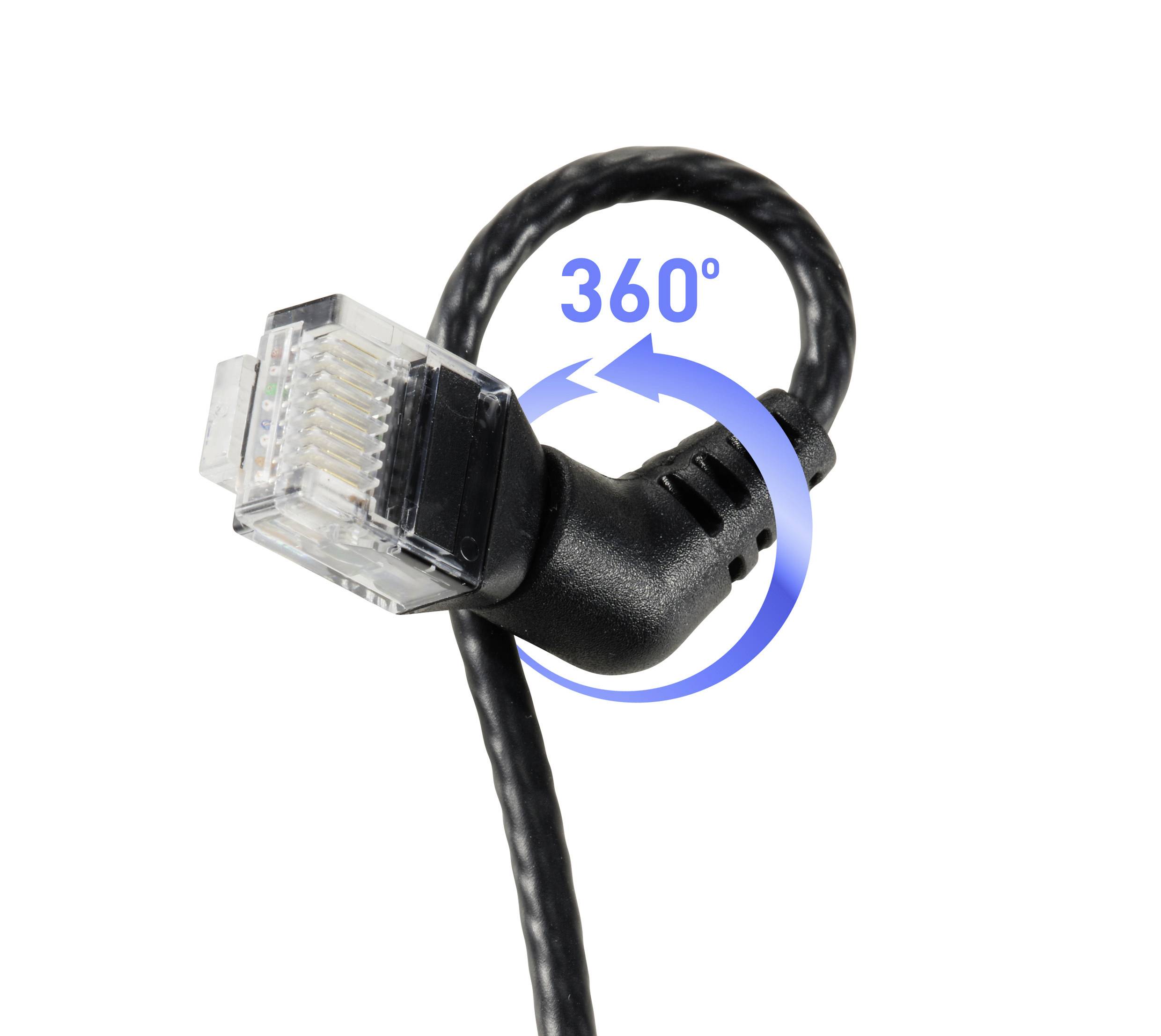 En Ethernet-kabel med vinklat kontaktdon, vridbar 360 grader. Gul pil visar rotationsriktningen för flexibel användning.