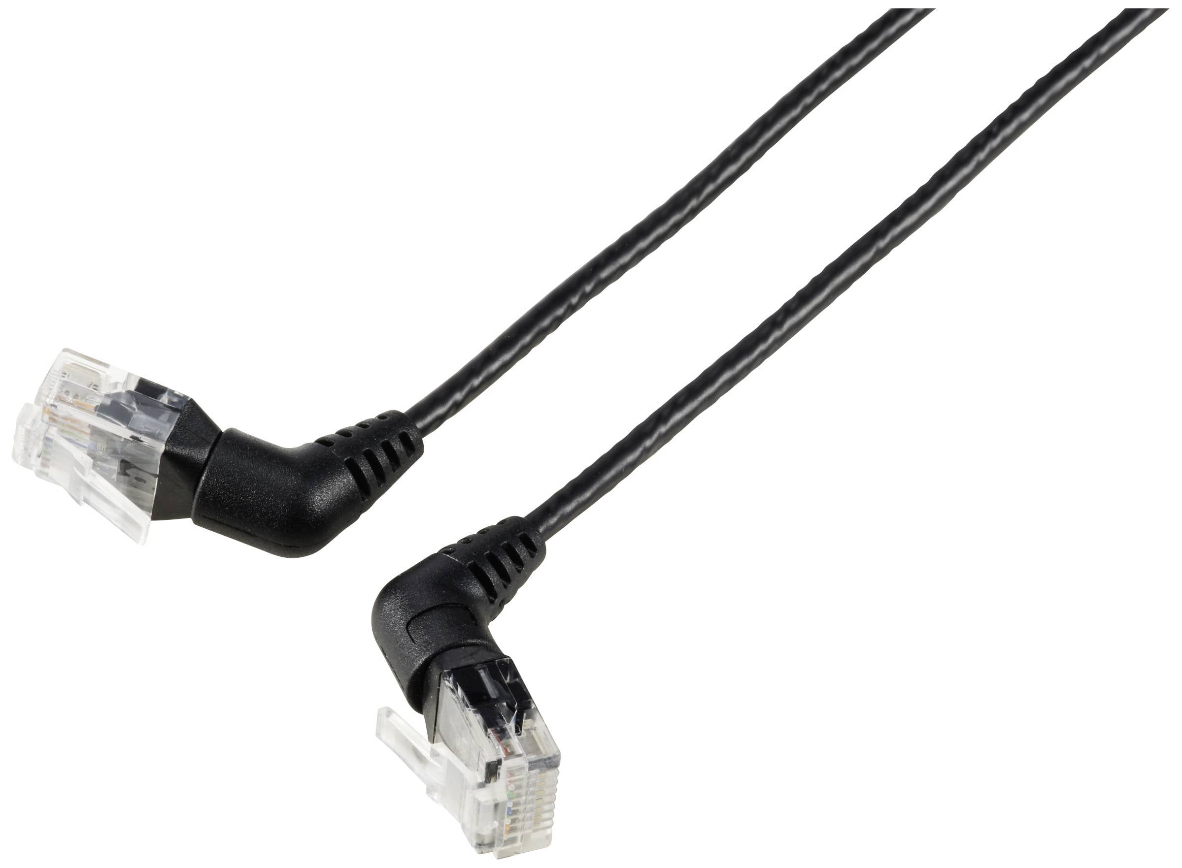 Två svarta Ethernet-kablar med genomskinliga kontakter, liggande ovanpå varandra.
