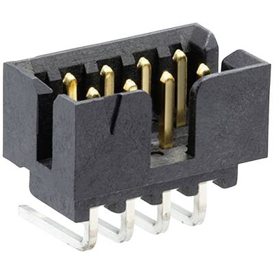 En svart, rektangulär, elektrisk kontakt med sex guldstift och fyra silverben.