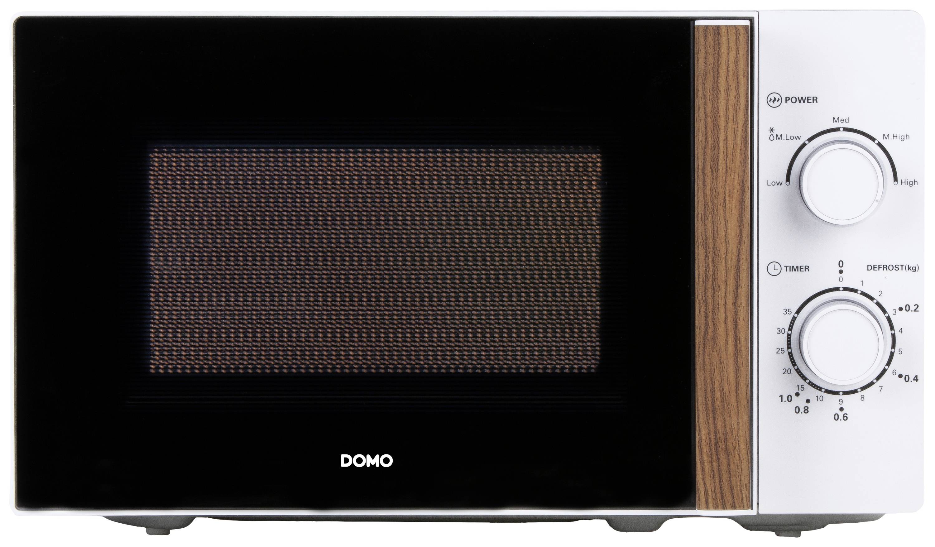 En vit mikrovågsugn med ett stort glasfönster och tre vridreglage på höger sida för att justera effekt och tid.