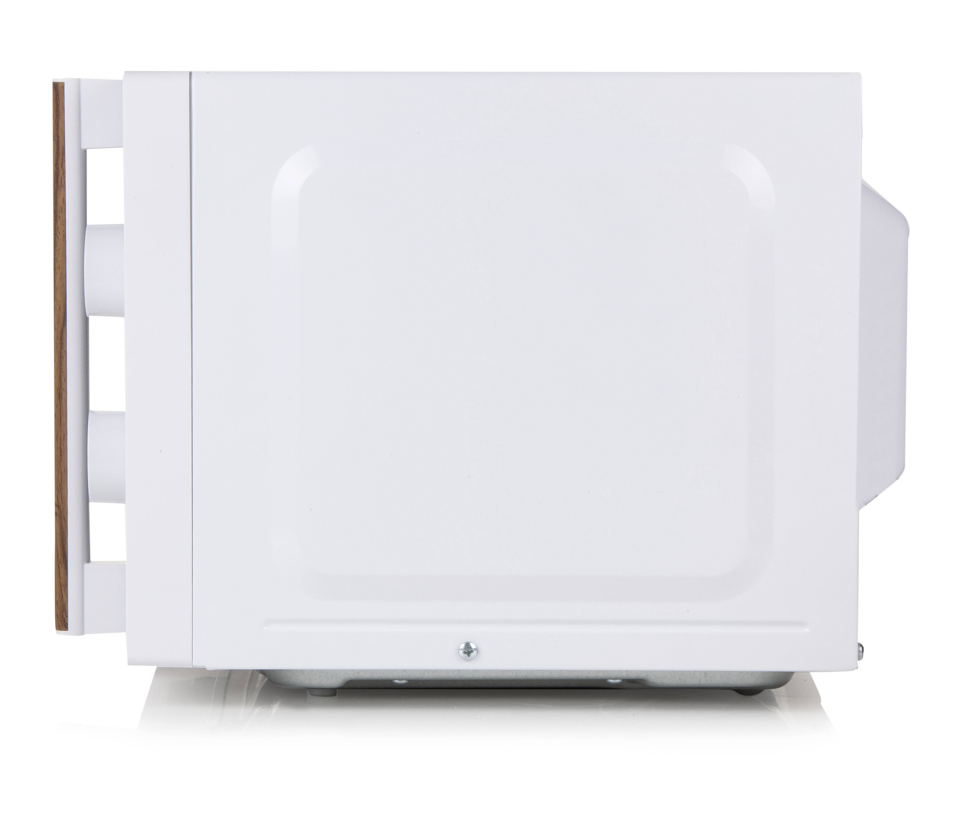 Vit mikrovågsugn sedd från sidan med slät yta och två vridreglage fram.