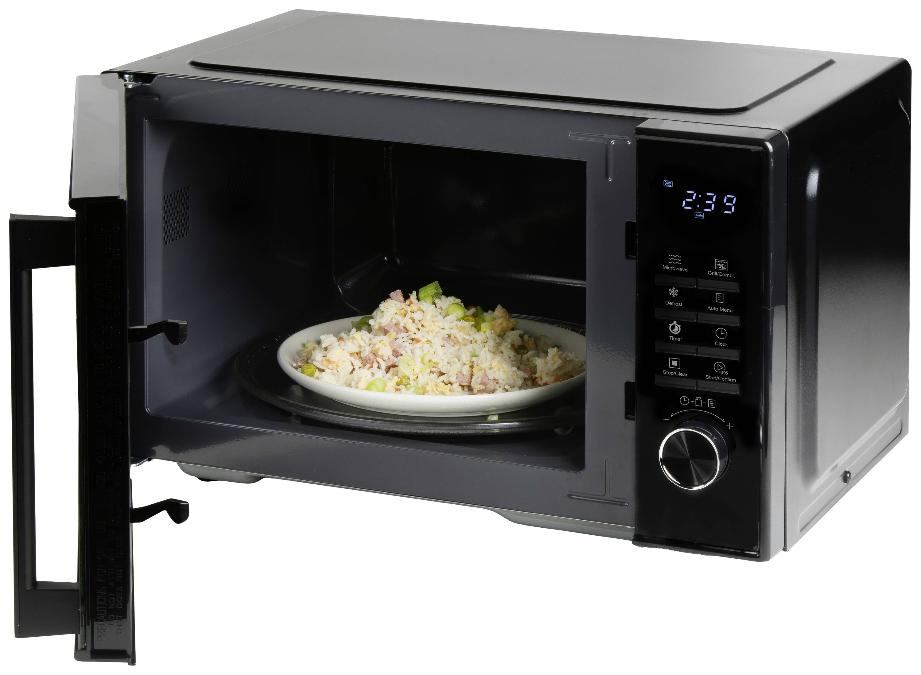 En öppen mikrovågsugn visar en tallrik med rätter av ris inuti. Den digitala displayen visar '2:39'. Knappar för olika funktioner är synliga.